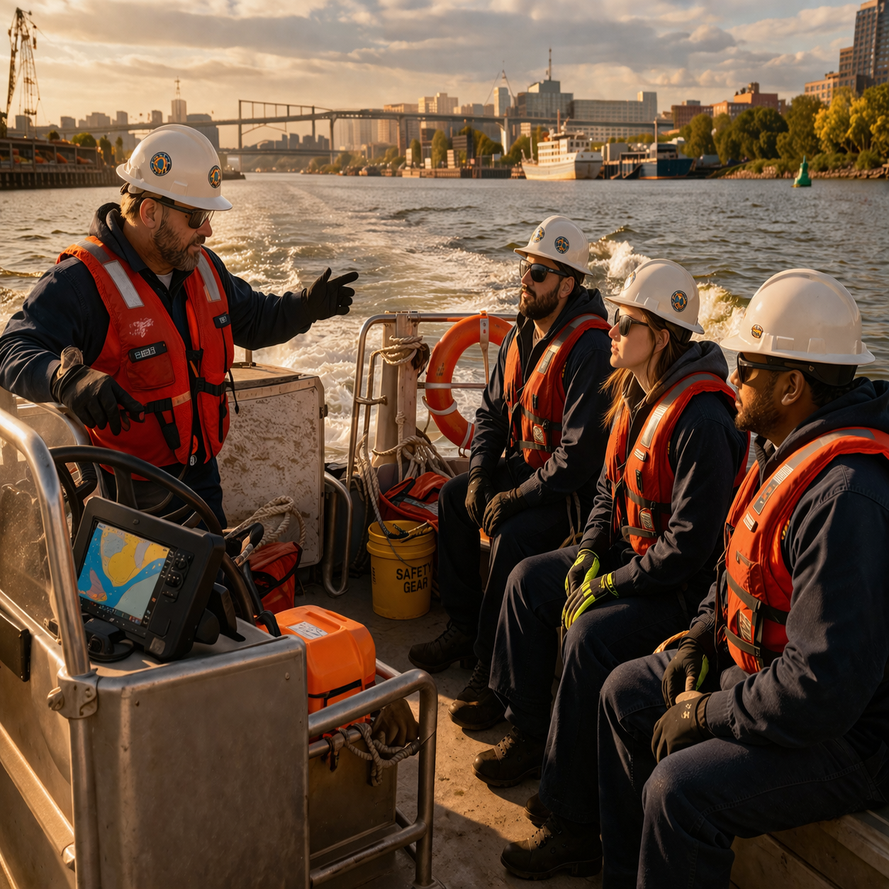 Crew training on a workboat at sunset