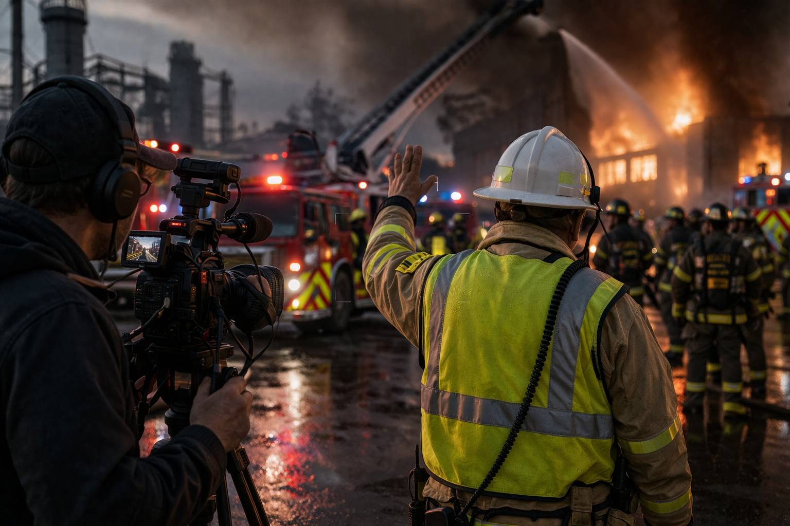 Filming a firefighting emergency response